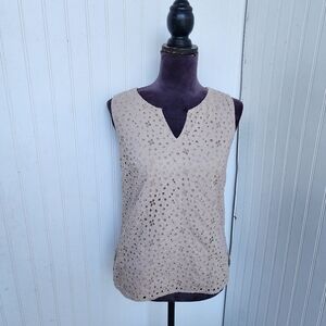 Talbots Sleeveless Top Womens Floral Eyelet Embroidered Blouse Beige Tan Sz 4